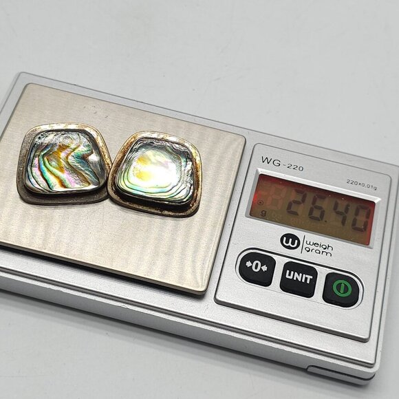 Vintage ATI Mexican Sterling Silver Abalone Shell Clip-On Earrings Square Design - Picture 6 of 6